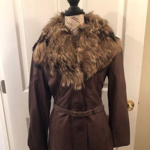 Jones New York Leather Coat/ Racoon Fur Collar Size M
